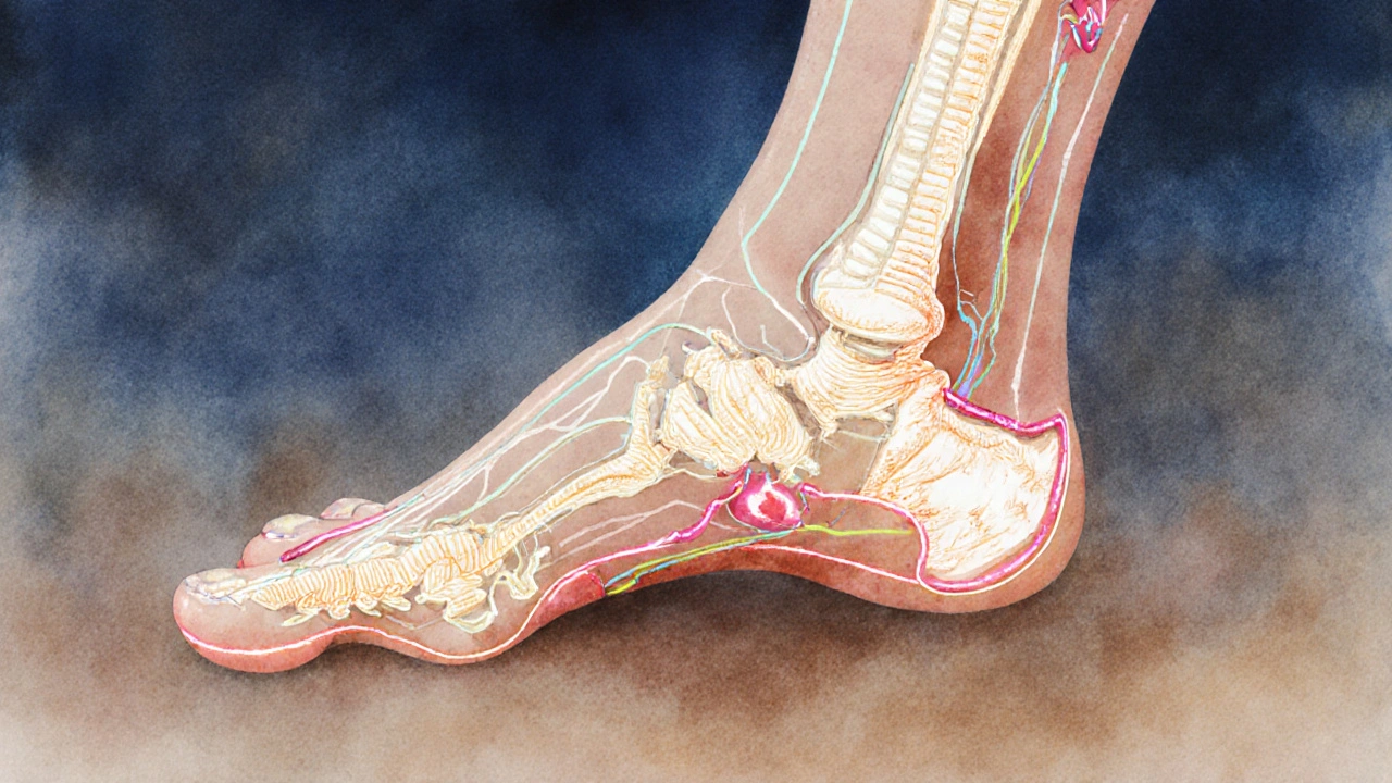 Stylizovaná mapa nohy s propojenými orgány jako svítící čáry.