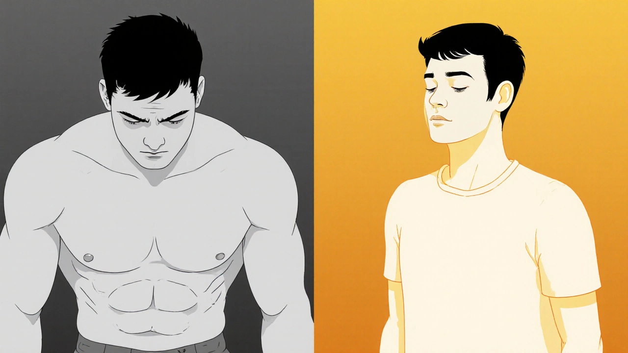Before and after comparison of posture: tense versus relaxed body in natural light.