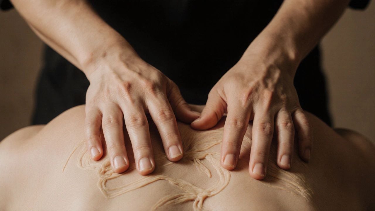Close-up of hands slowly stretching connective tissue during Breuss massage.