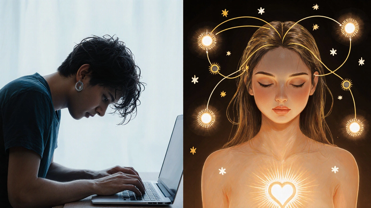 Dvě strany jedné postavy: jedna unavená a stresovaná, druhá klidná a obnovená po masáži hlavy.