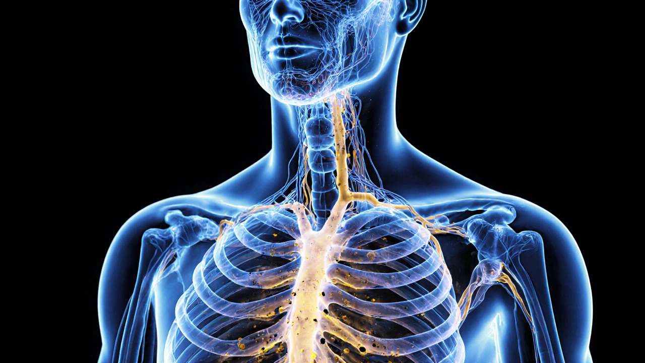 Glowing lymphatic vessels pod kůží s proudem tekutiny a filtračními uzlinami.