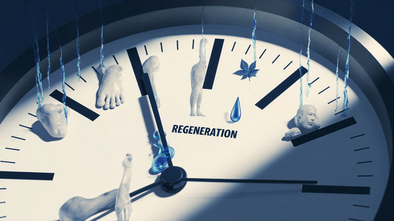 Hodiny s končetinami jako ručičkami, kde lymfa proudí k centrálnímu uzlu regenerace.