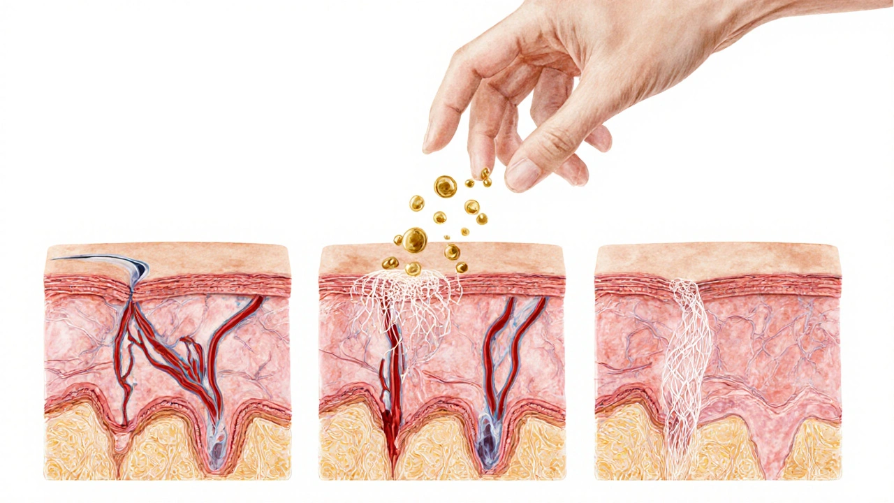 Ilustrace vnitřních procesů obnovy kůže: krevní oběh, kolagen a uvolňování vazeb.