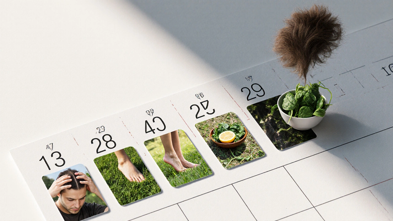 Kalendář s denními aktivitami a postupně se zahušťujícími vlasy.