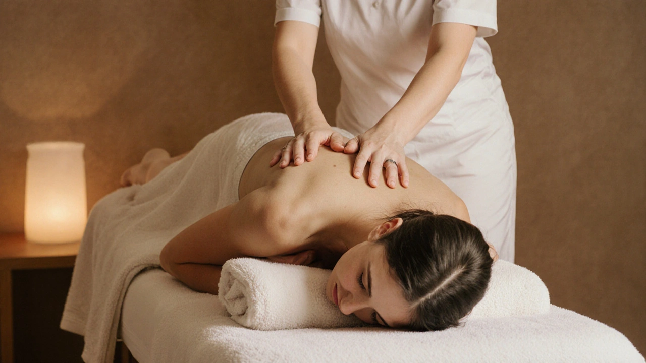 Odborník na těhotenskou masáž masíruje těhotnou ženu na boku.