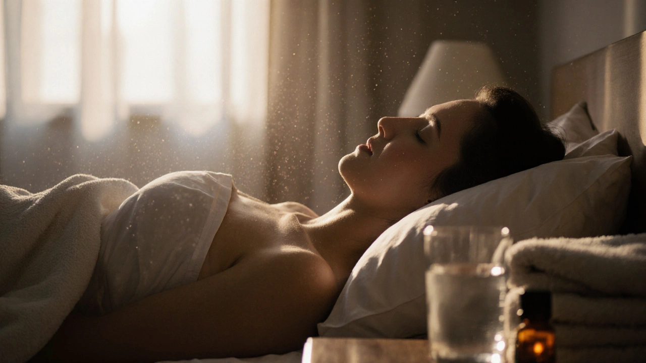 Osoba spí v posteli při světle dne, klidně dýchá, po masáži.