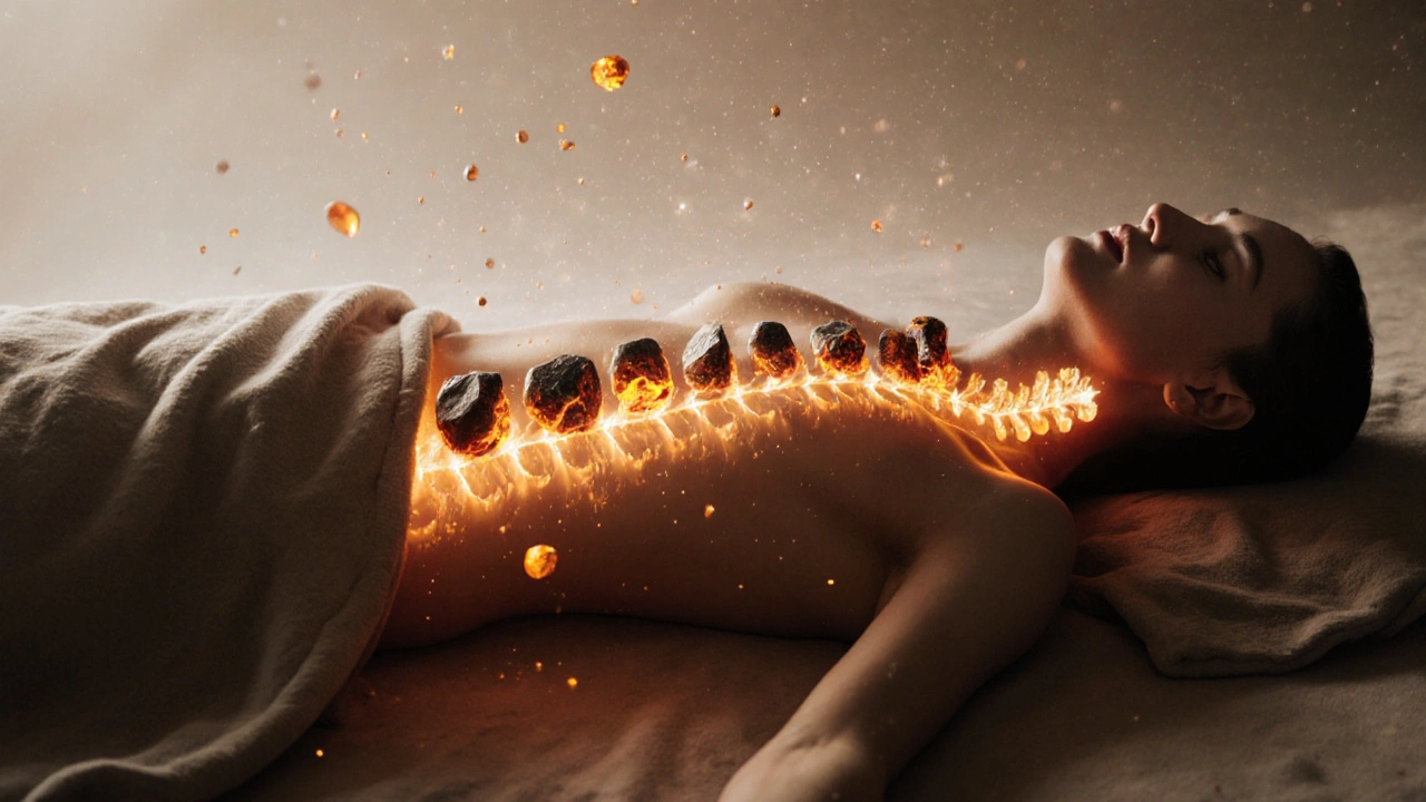 Postava ležící pod dekou, s teplými kameny vyzařujícími světlo podél těla jako energie.