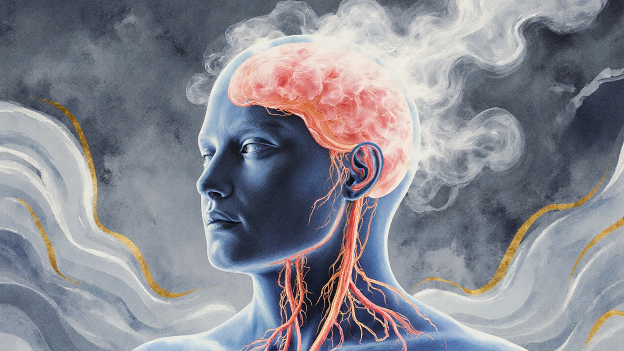 Přehledný diagram krevního oběhu v kůži hlavy s rozptylujícím se stresem.