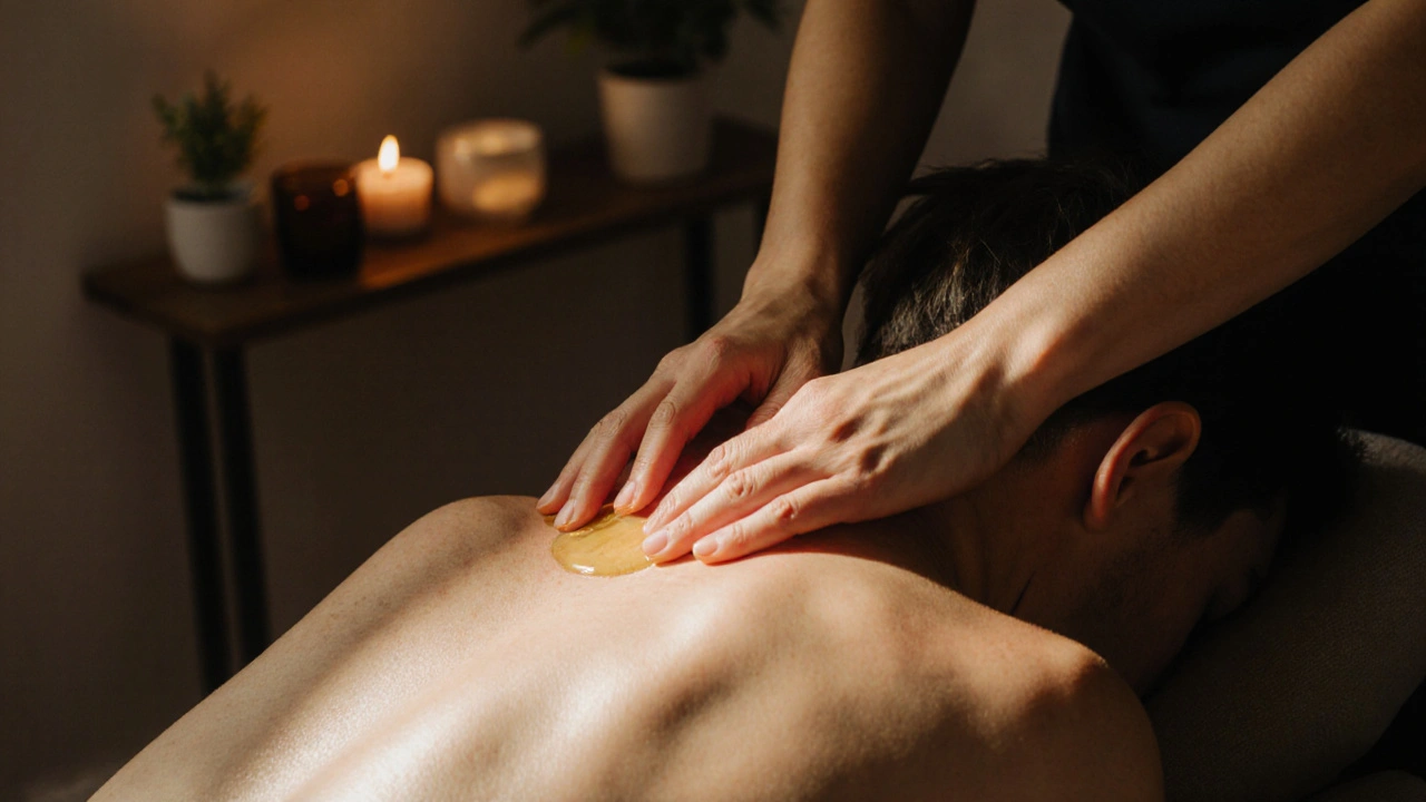 Ruce jemně masírují krk a ramena osoby, která je v klidu a uvolnění.