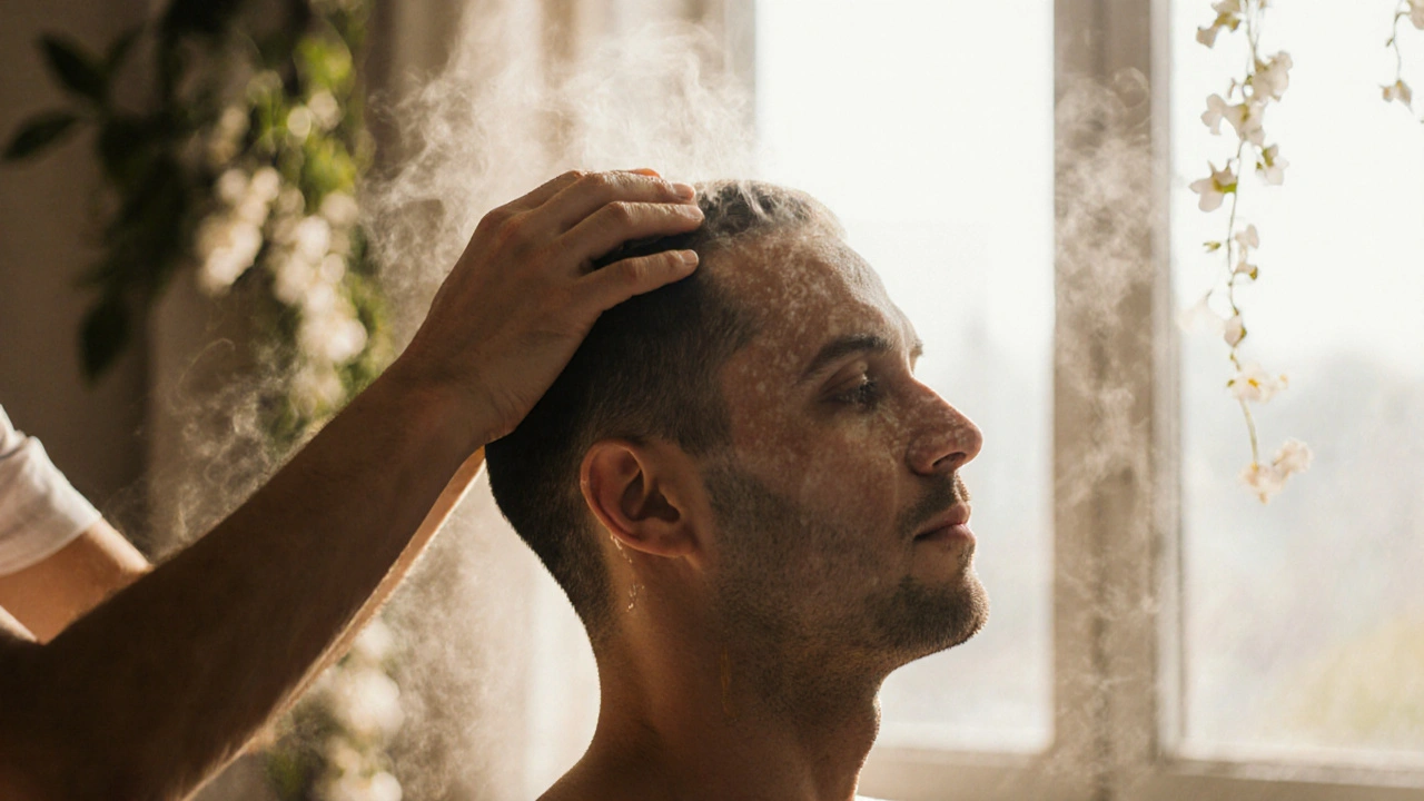 Ruce masírují skalp teplým kokosovým olejem, muž se uvolňuje, světlo z okna osvětluje olejové stopy.