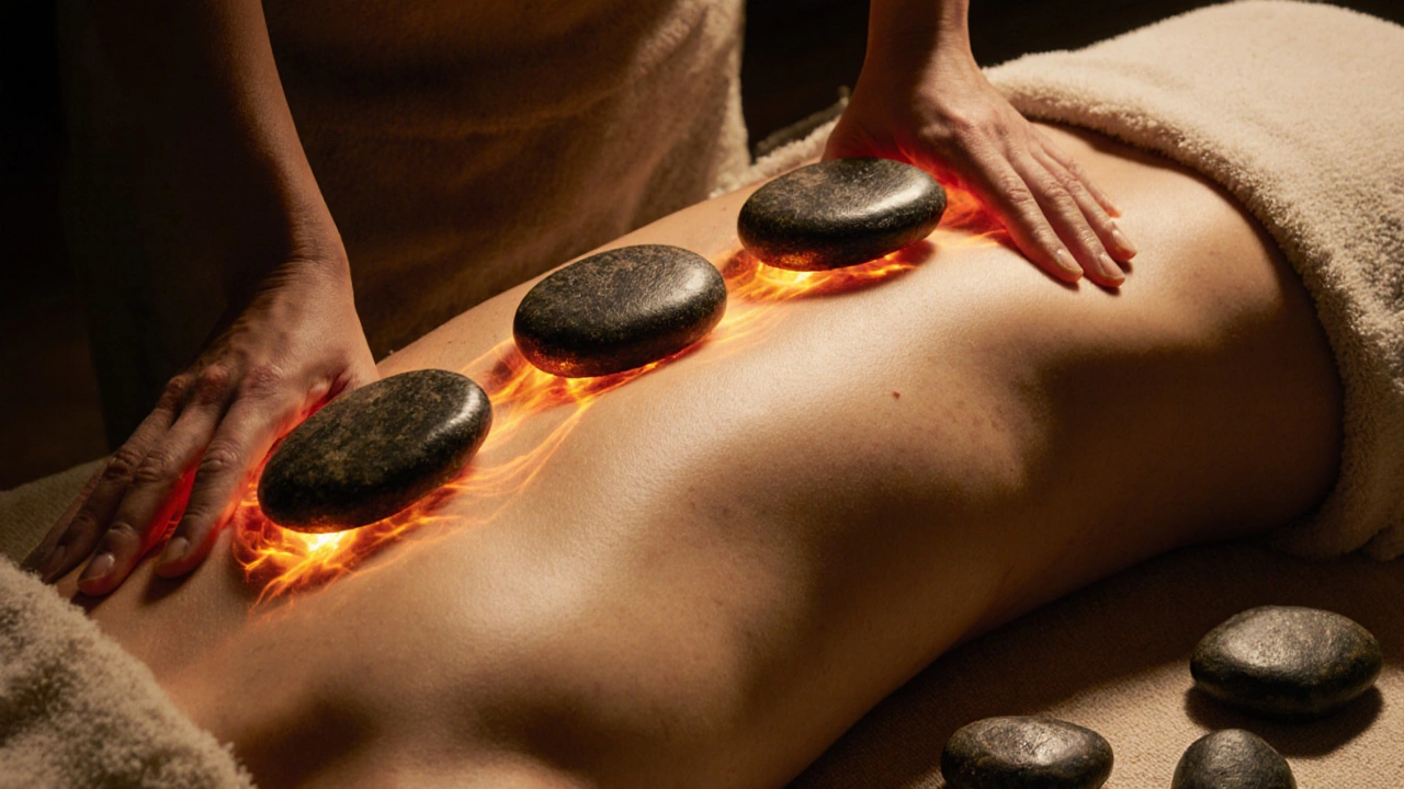 Ruce s horkými lávovými kameny klouzají po zádech během masáže s jemným zářením tepla.