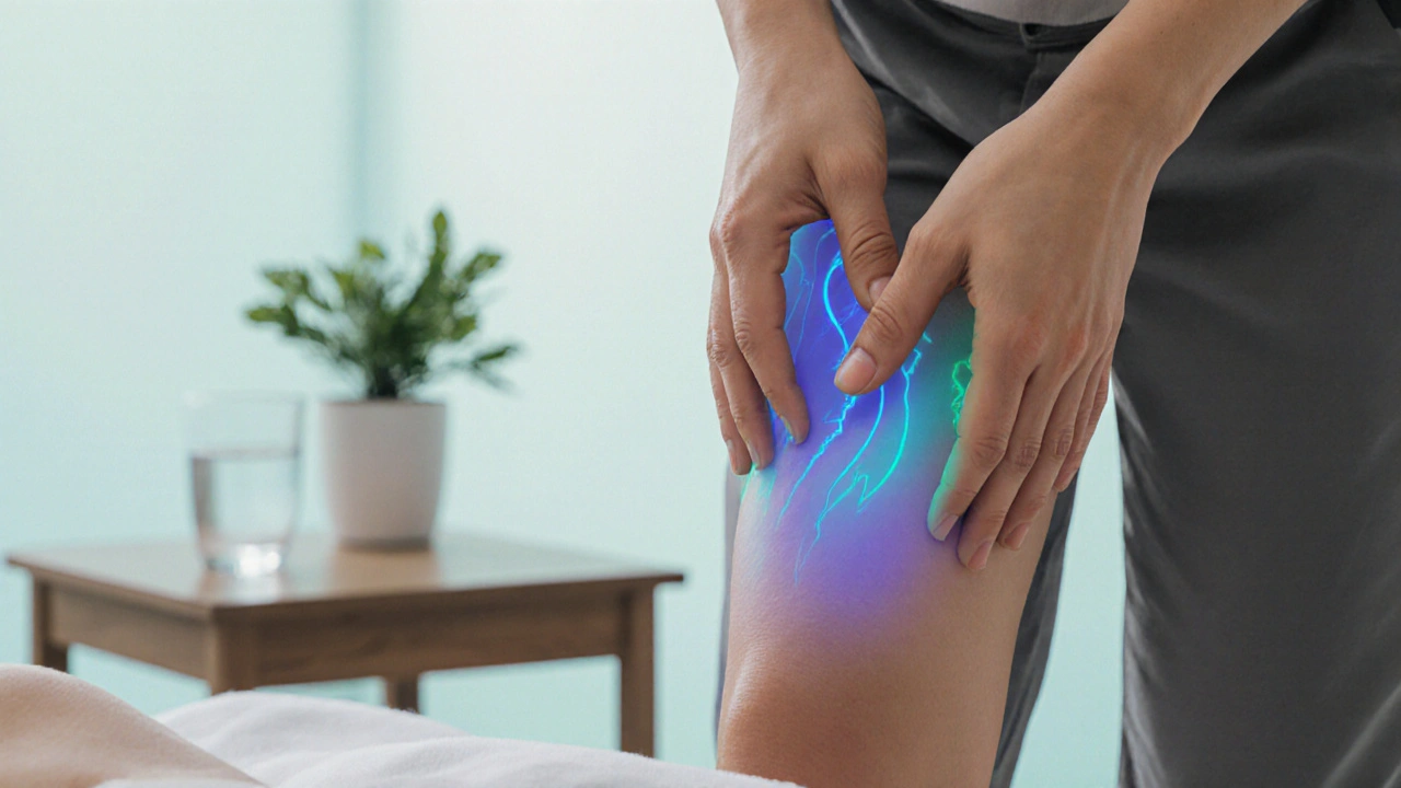 Ruce terapeuta provádějí jemné krouživé pohyby na stehně.