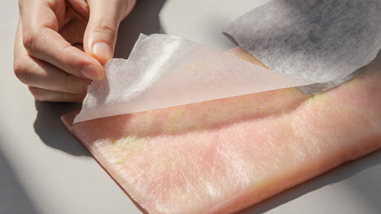 Ruky jemně zvedají kůži jako tkaninu, symbolizují obnovu pružnosti a života.