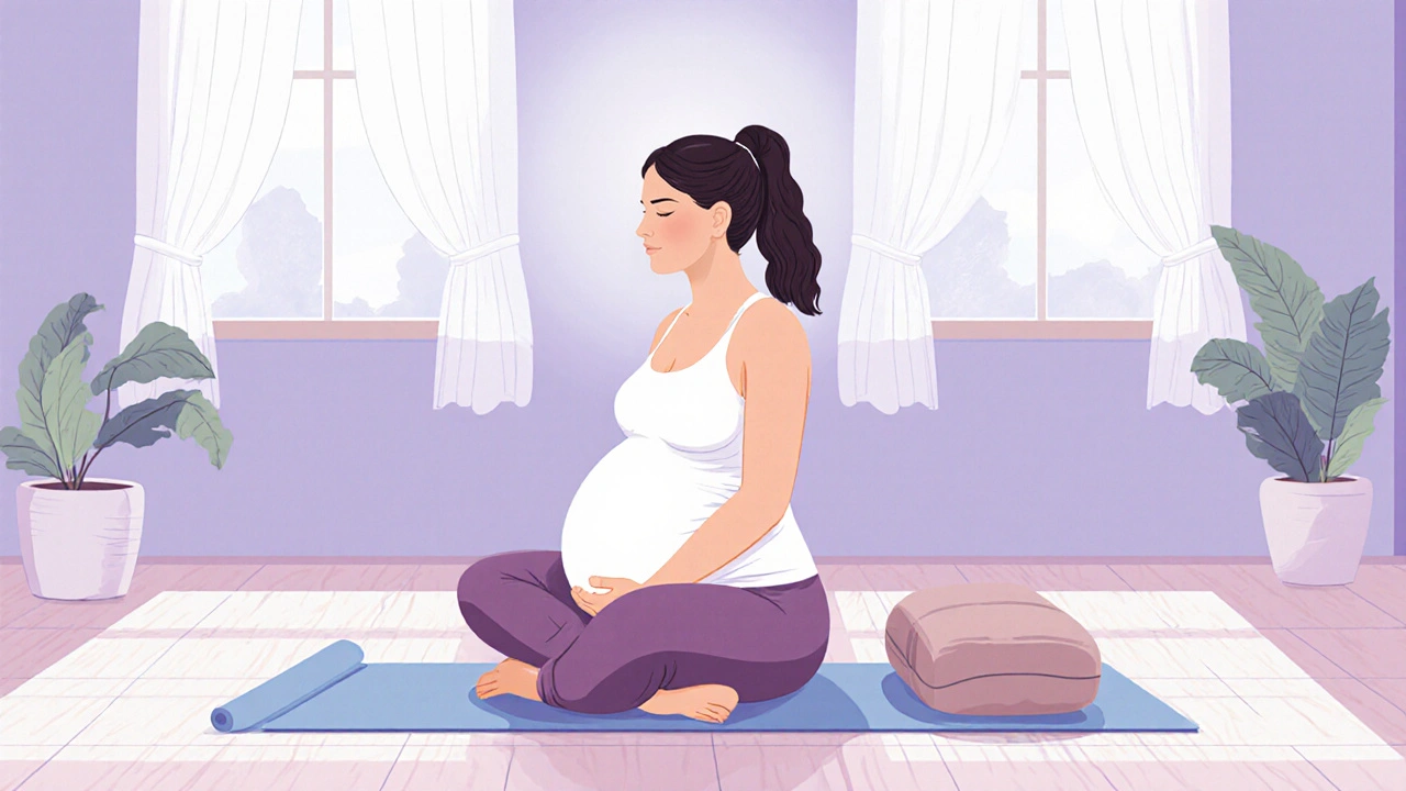 Těhotná žena dělá těhotenskou jógu na podložkách.
