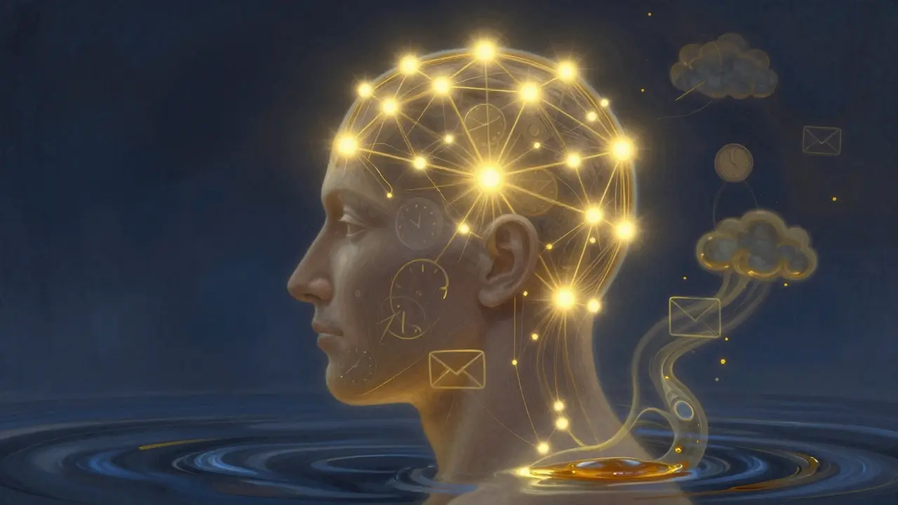 Abstraktní znázornění 107 energetických bodů na hlavě vyzařujících světlo.