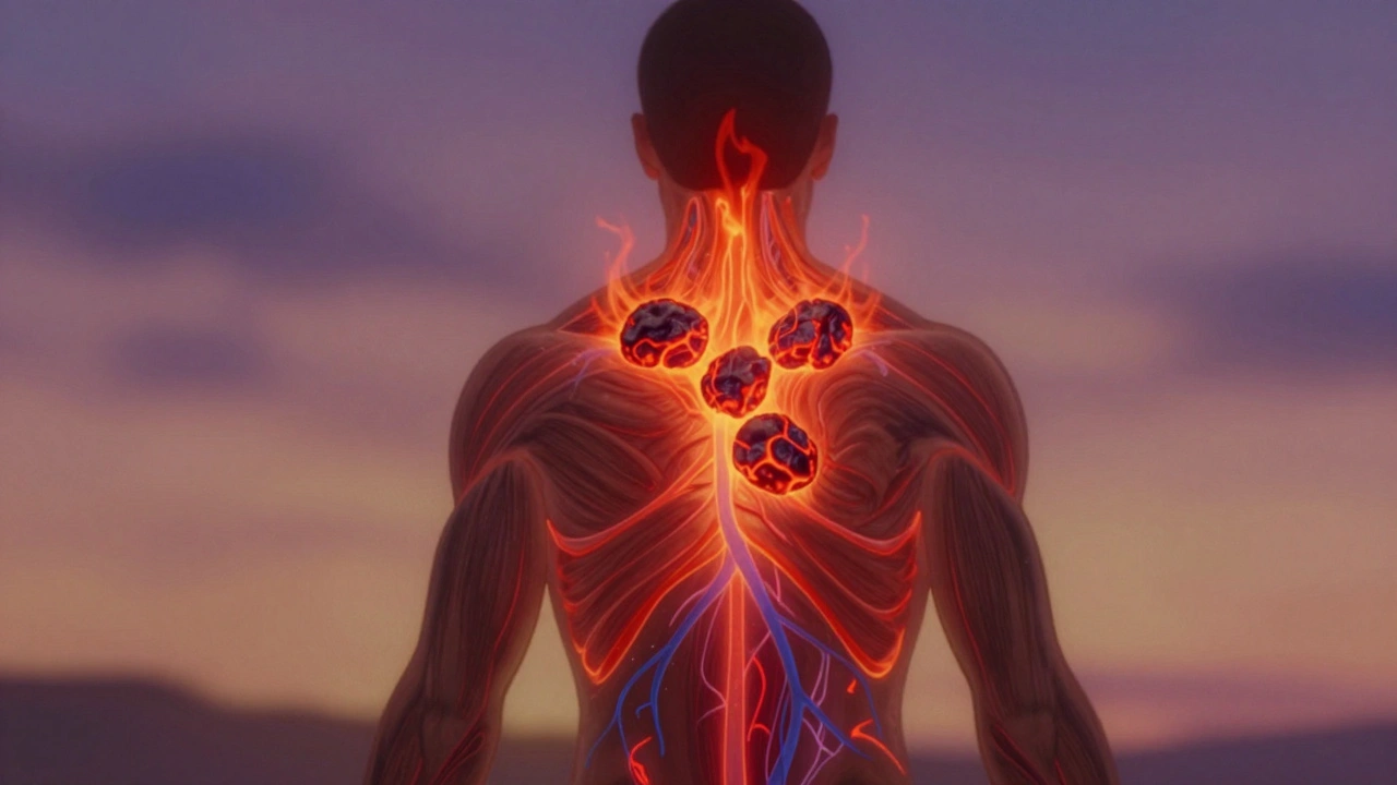 Abstraktní zobrazení těla s teplými vlnami pronikajícími do svalů a lymfatickými cestami, které odvádějí toxiny.