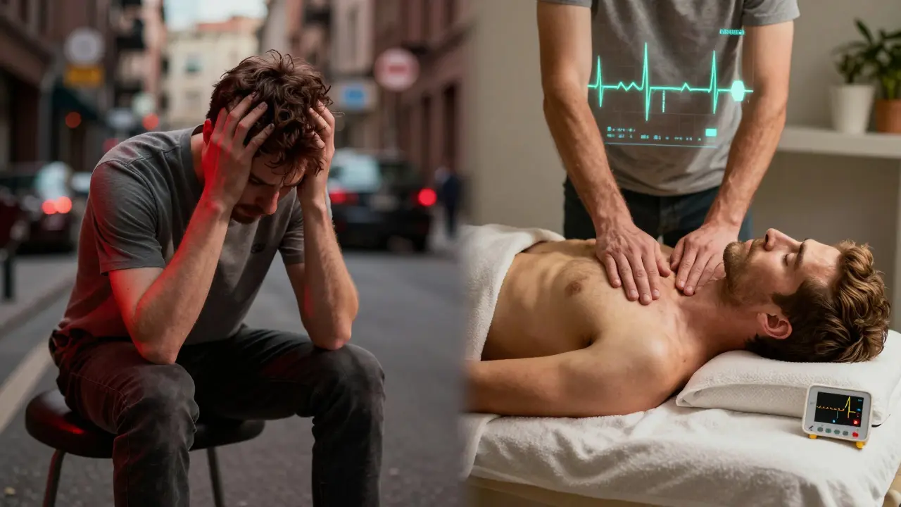 Dvě strany jedné osoby: stresovaná vs. uvolněná po shiatsu, symbolizující přechod těla do režimu obnovy.