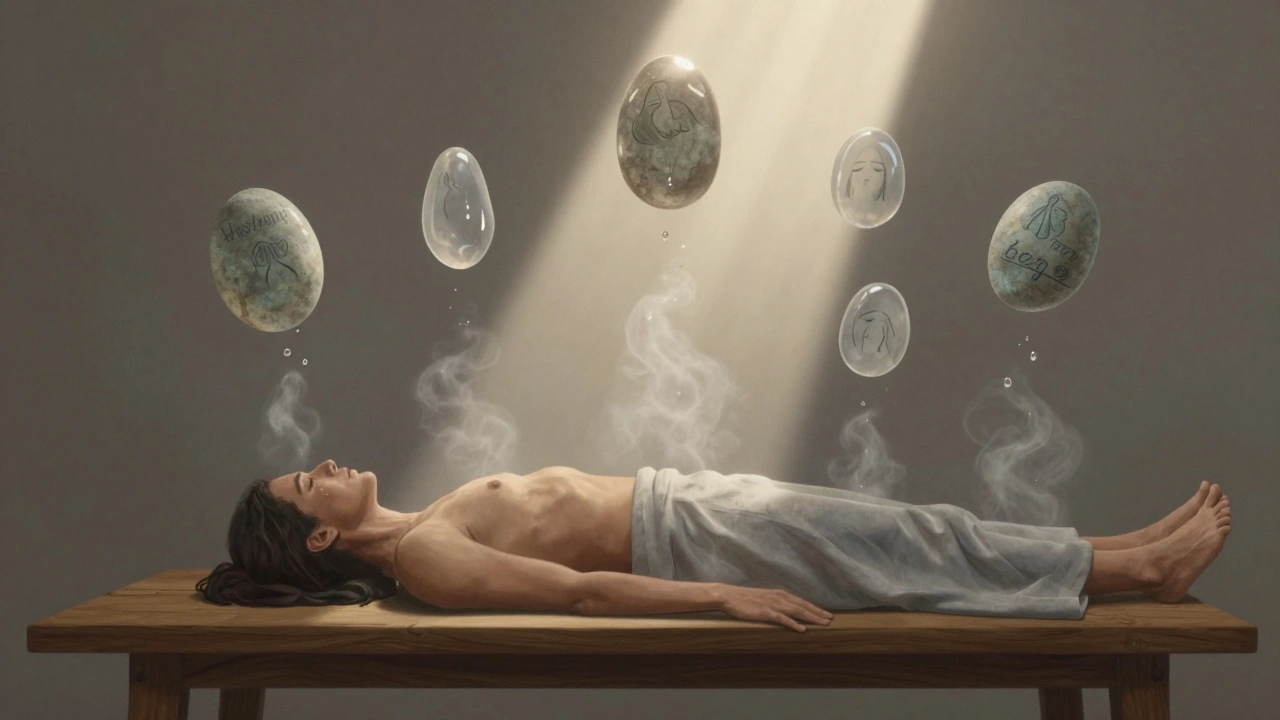 Kameny se rozpouštějí v mlze nad tělem, symbolizujíce uvolnění skrytých emocí a obnovu.