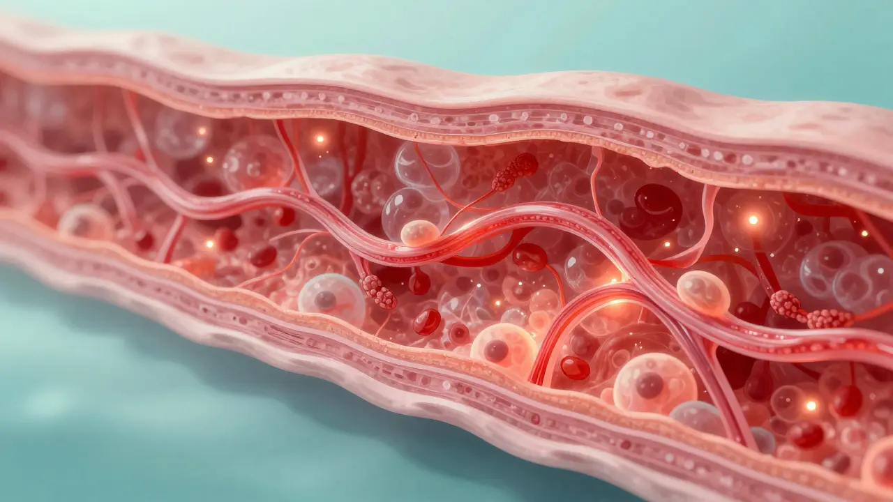 Křížový řez tkáně s vylepšeným průtokem krve a lymfy během vakuoterapie.