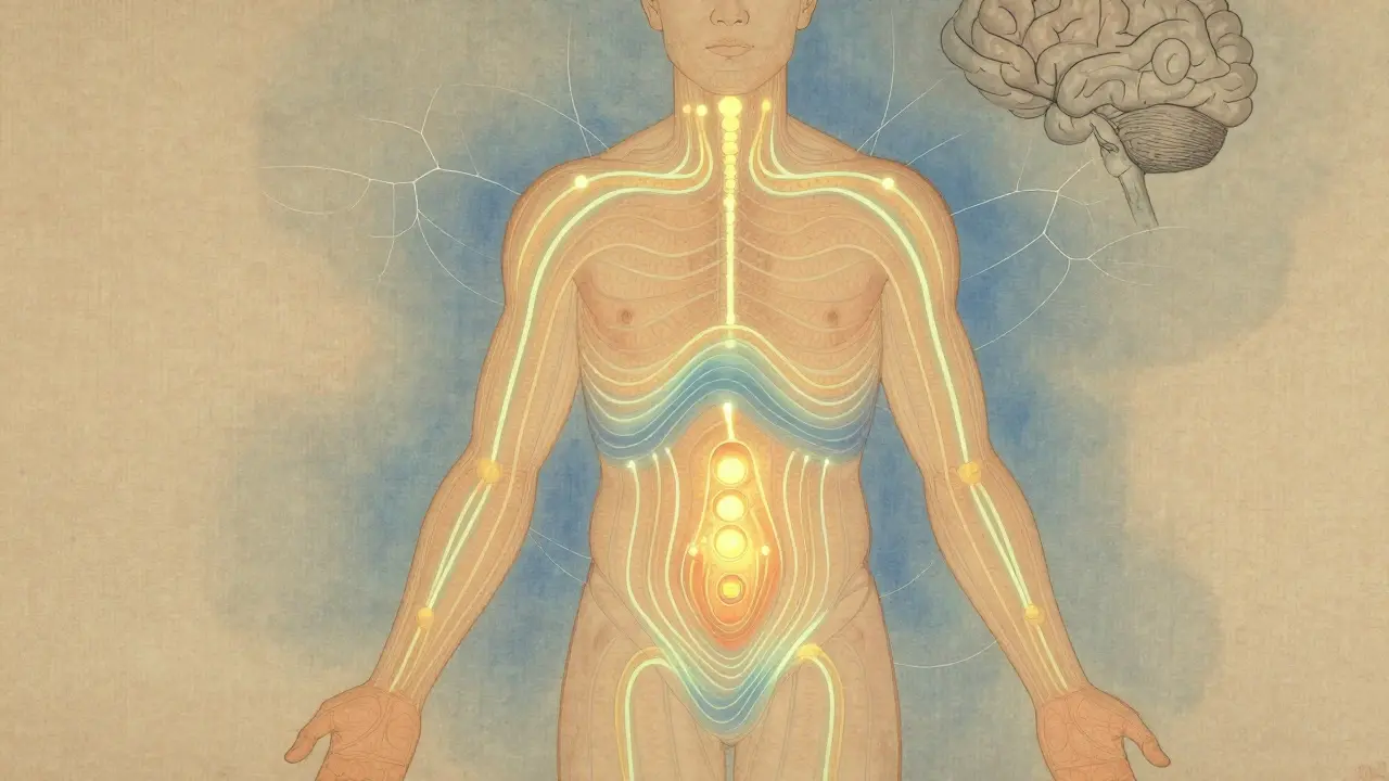 Lidské tělo s vykreslenými energetickými meridiány a proudící energií k mozkovým centrům.
