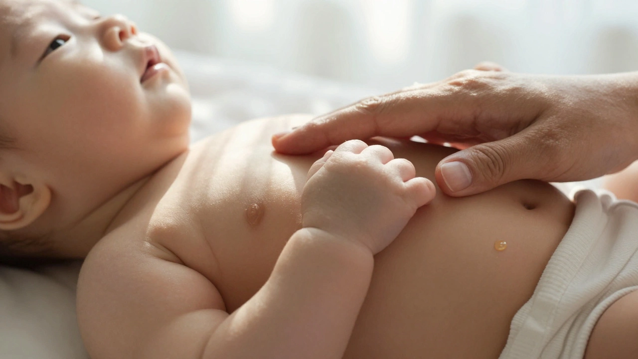 Miminko leží na prsou rodiče po masáži, ruka rodiče jemně hladí záda.