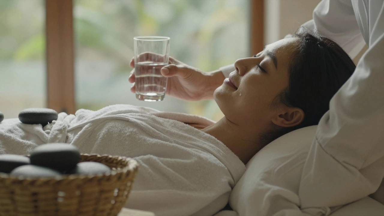 Osoba po masáži v plátnovém rouchu, pije vodu, tvář klidná a úsměvná, sluneční světlo z okna.