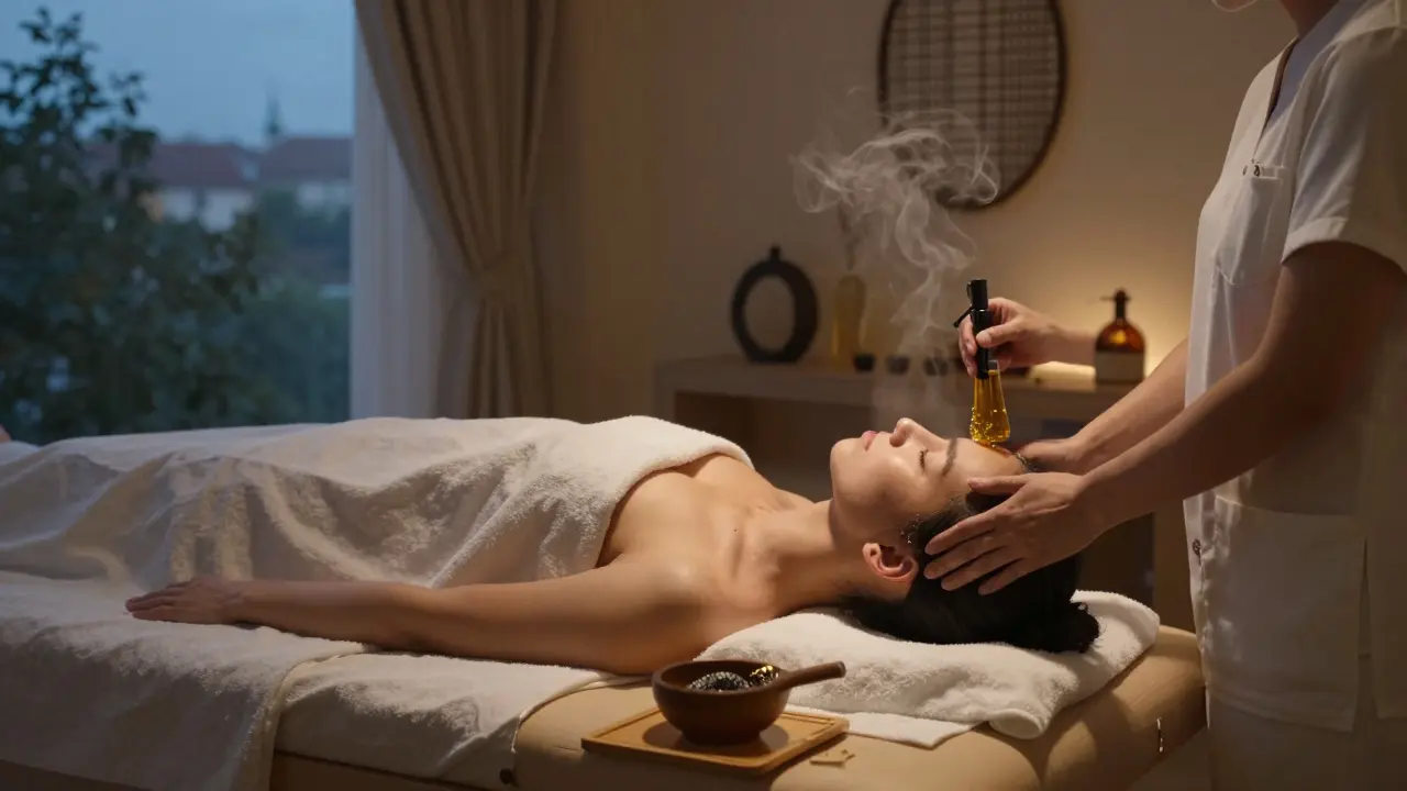 Osoba si nechává masírovat hlavu v moderním wellness centru.