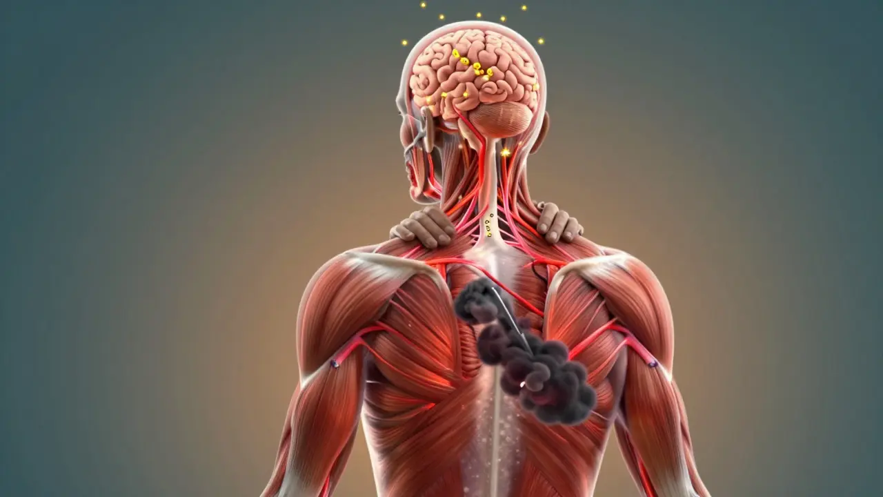 Průřez lidského těla ukazující zlepšený krevní oběh a snížení stresového hormonu.