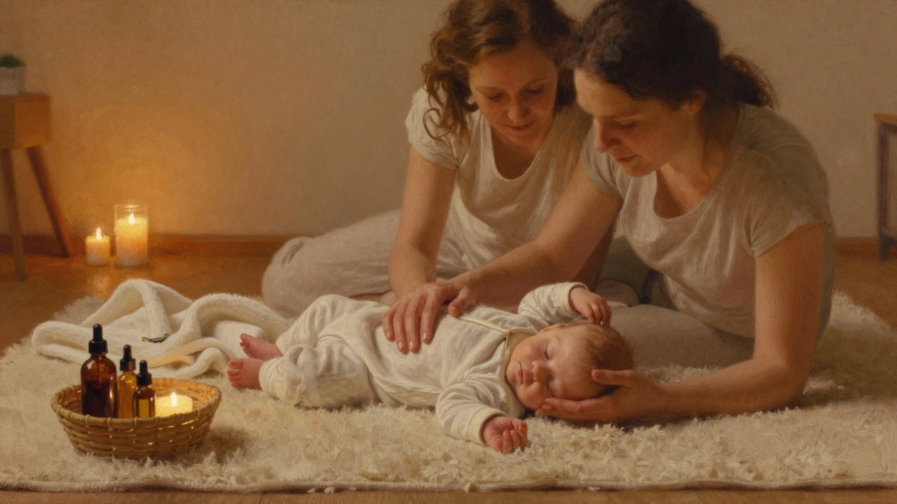 Rodiče společně masírují klidně spící miminko na podlaze v klidném prostředí.