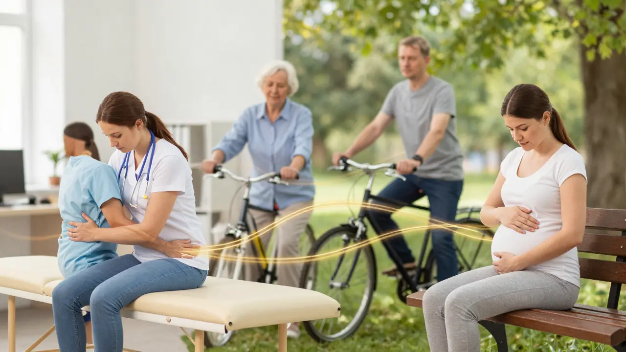 Různí lidé v každodenních situacích dostávají zdravotní masáž pro úlevu od bolesti.
