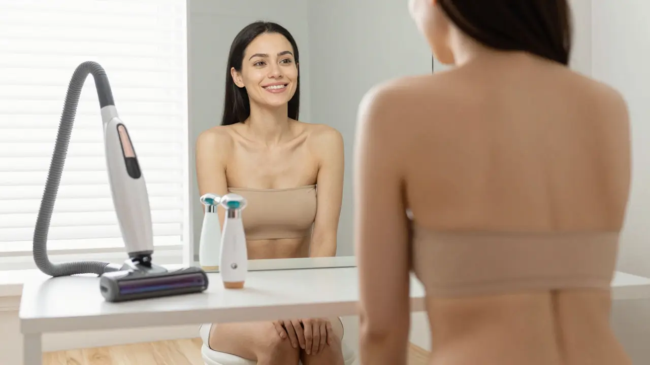 Žena se dívá do zrcadla a vidí zlepšenou texturu kůže na bocích a zádech.