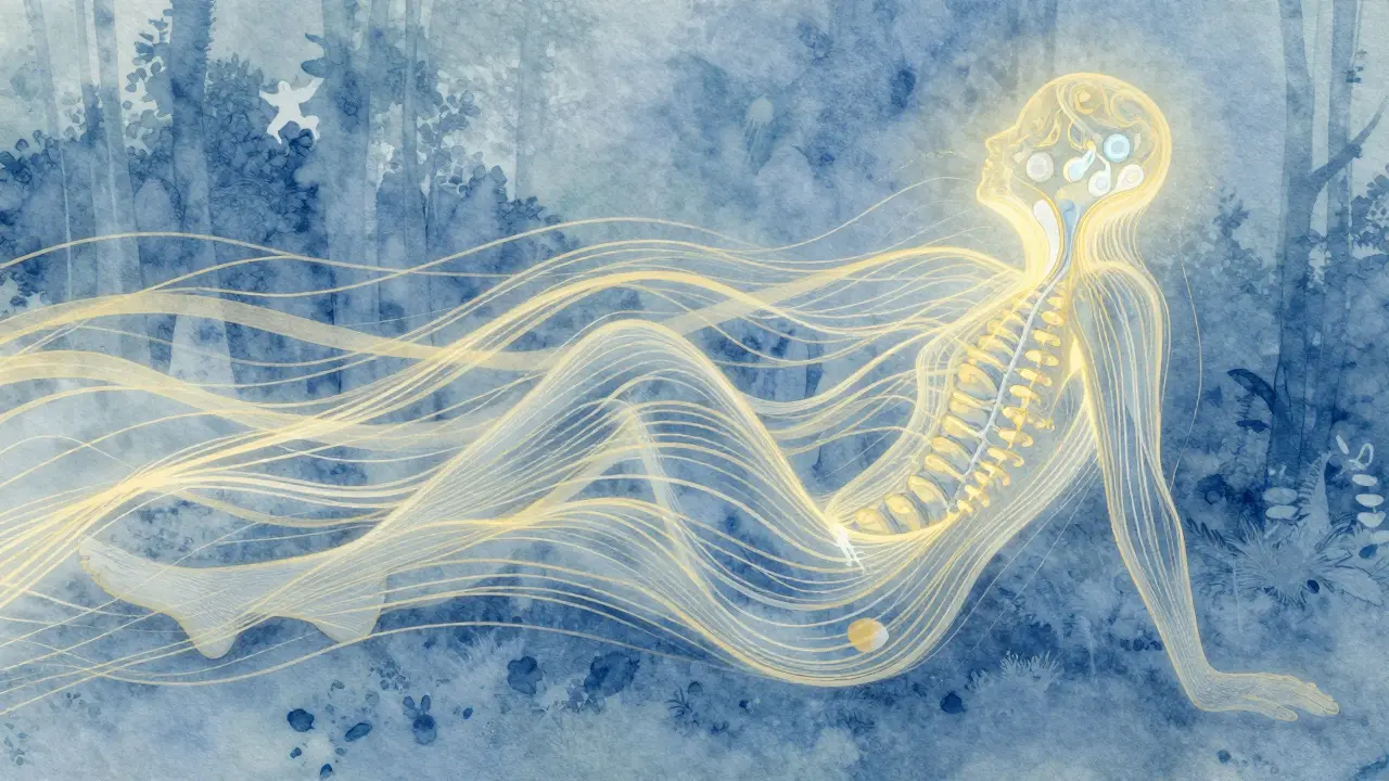 Abstraktní vodové barvy znázorňují tok energie od nohou k hlavě, symbolizující uvolnění a klid.