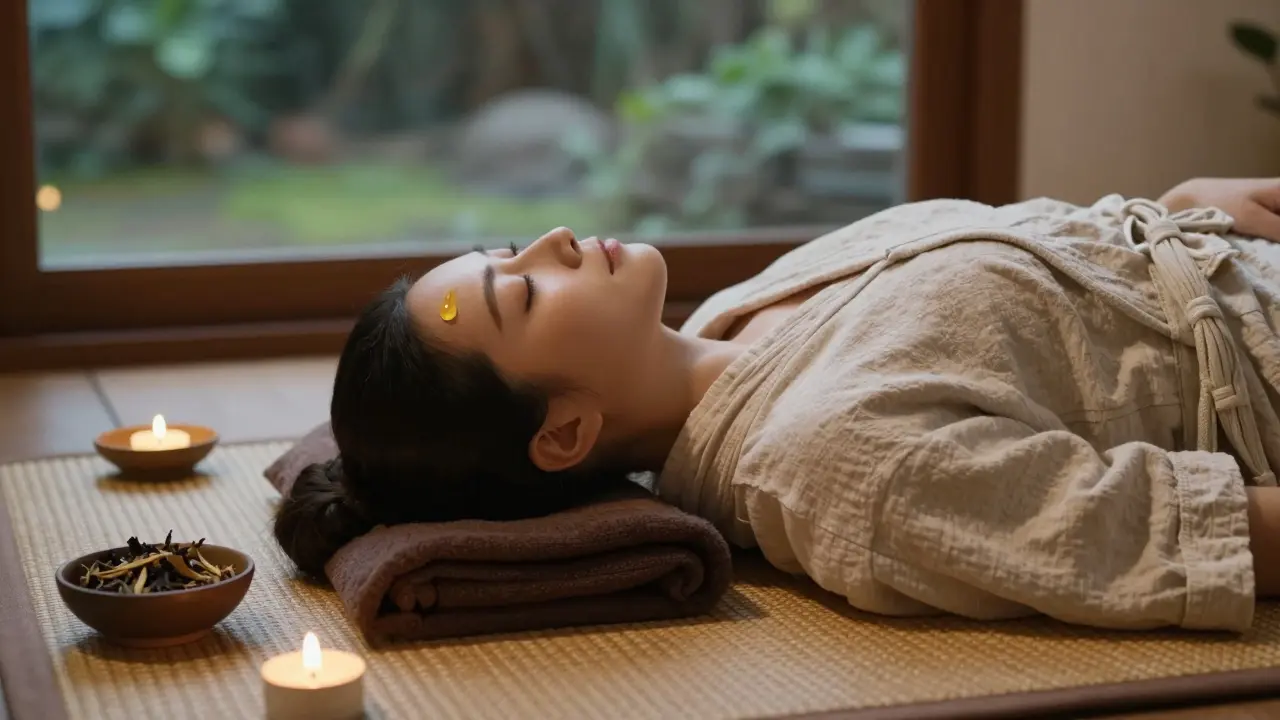 Klient po masáži klidně odpočívá v lněném plátně, obklopený klidem a přírodními prvky.