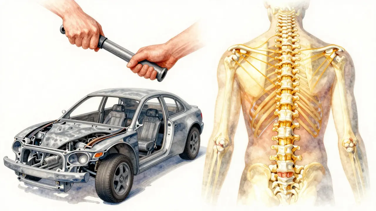 Koncepční obrázek páteře jako auta, kde masáž opravuje napjaté části těla.