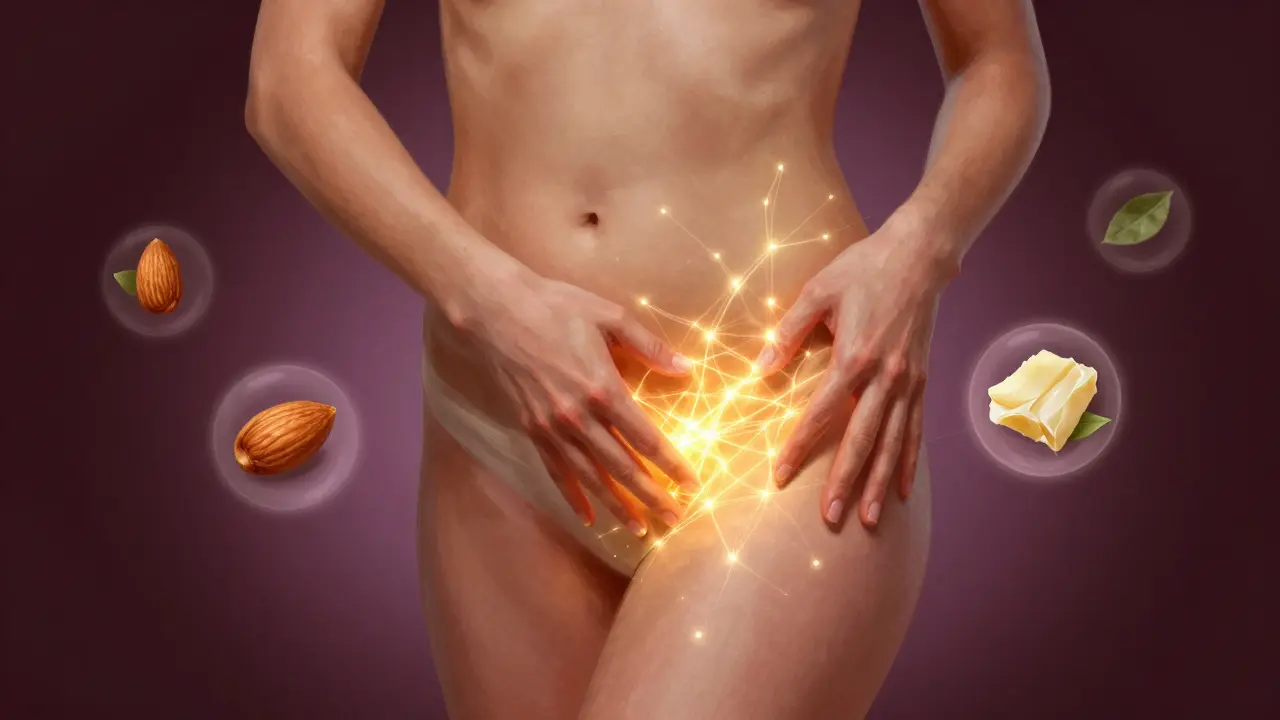 Konceptuální obraz s teplým zářením v oblasti perinea, znázorňující zlepšení krevního oběhu a hojení tkání.