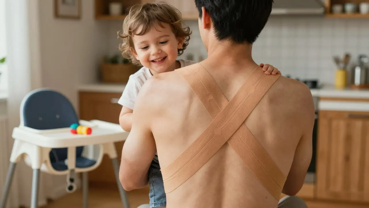 Otec zvedá dítě s tejpem na zádech, ukazující úlevu od bolesti v běžném životě.