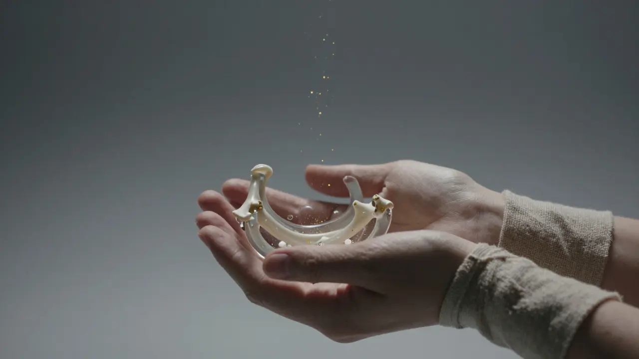 Průhledné skleněné hrudník s pohybujícími se zlatými částicemi, symbolizující dýchání a uvolnění.