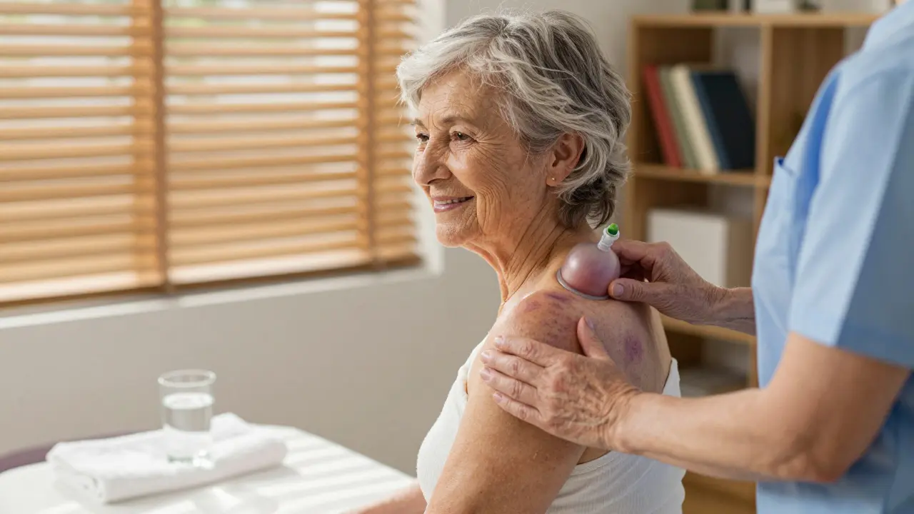 Starší žena se usmívá po sezení vakuoterapie na rameni v klidném wellness prostředí.