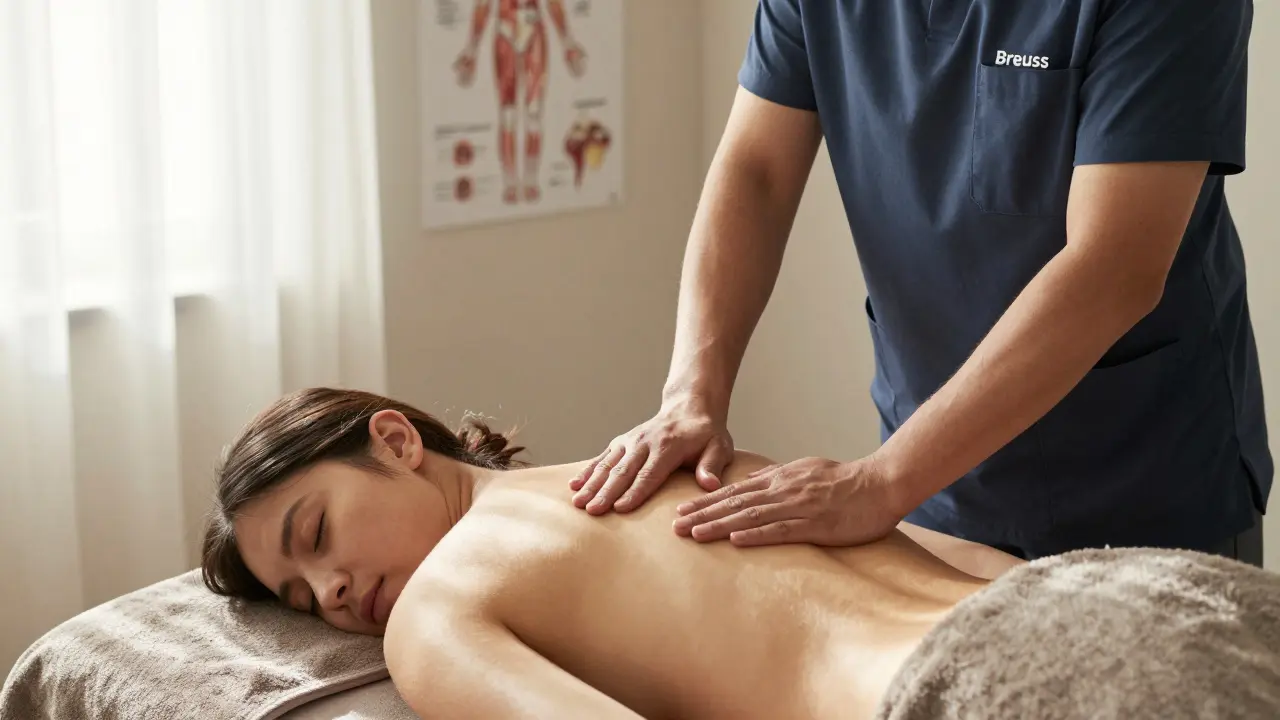 Terapeut provádí Breussovou masáž na zádech klienta v klidné léčebné místnosti.