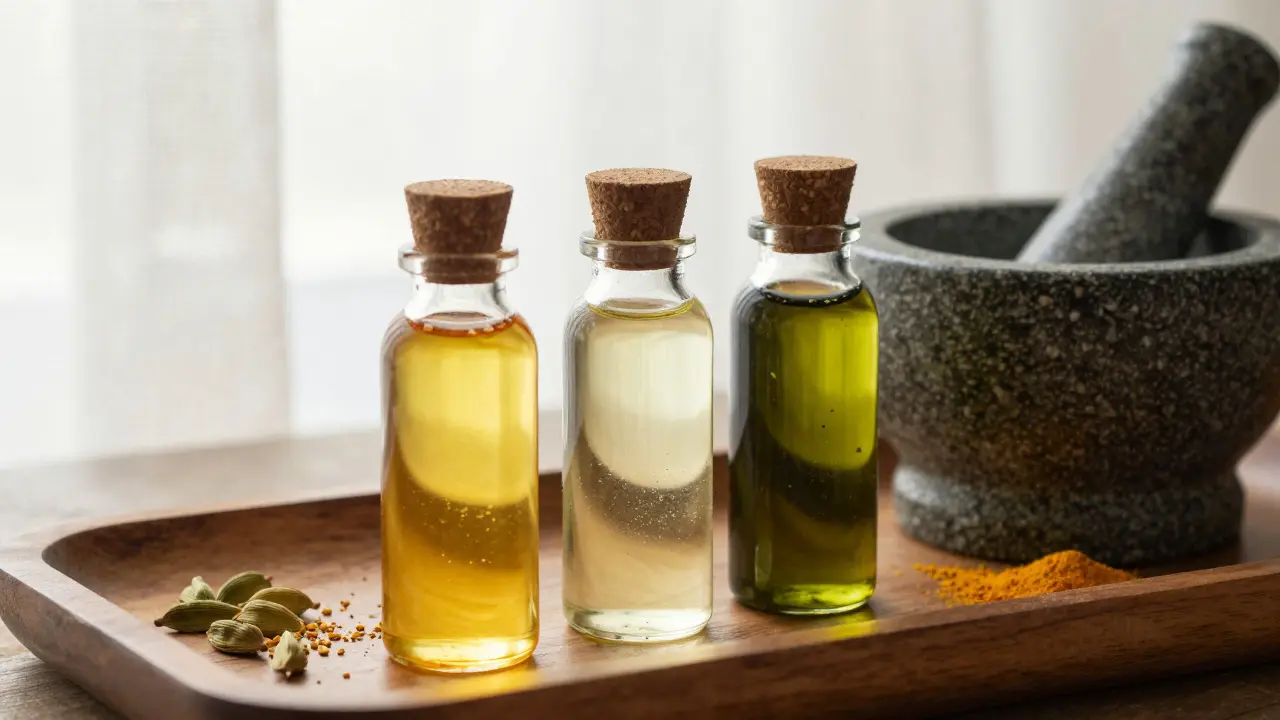 Tři druhy přírodních olejů a byliny připravené pro individuální ájurvédskou masáž.