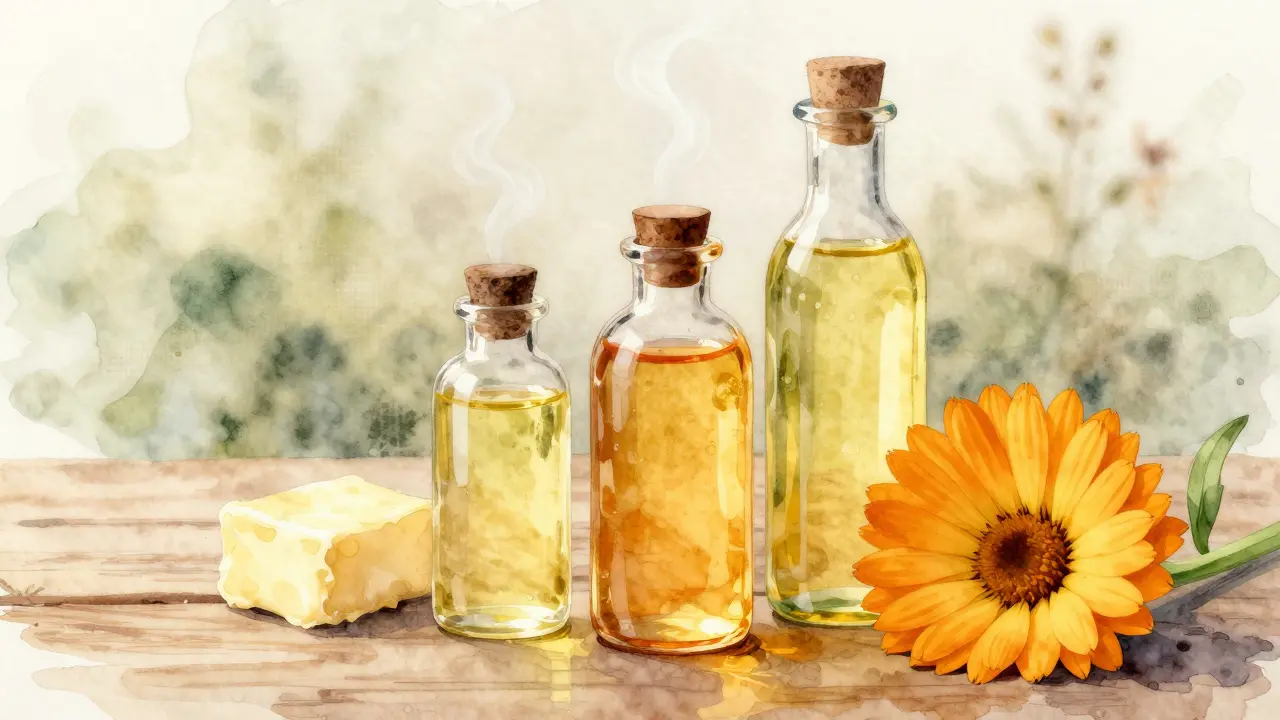 Tři přírodní oleje v skleněných lahvičkách na dřevěném povrchu s květem kalendule, symbolizující obnovu po porodu.