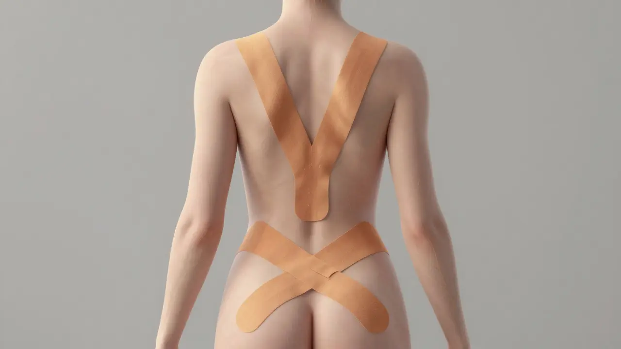 Ukázka tří vzorů tejpování na anatomickém obrázku zad s naznačeným krevním a lymfatickým prouděním.