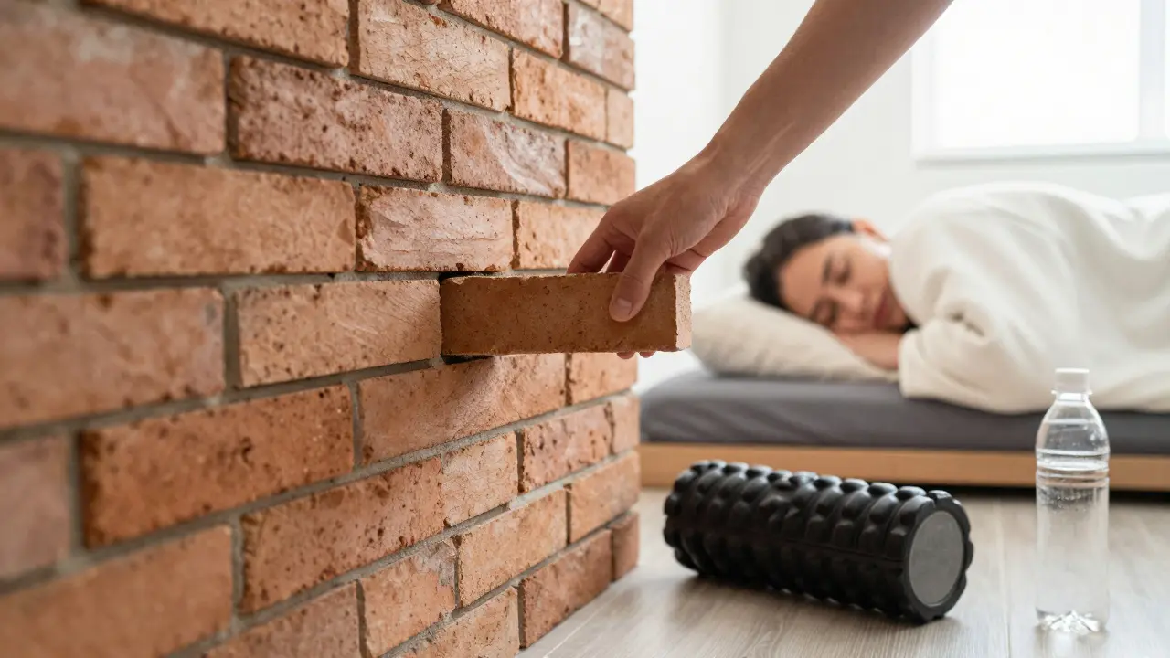 Zdi z cihel, z nichž je jedna odstraněna, symbolizující obnovu těla.