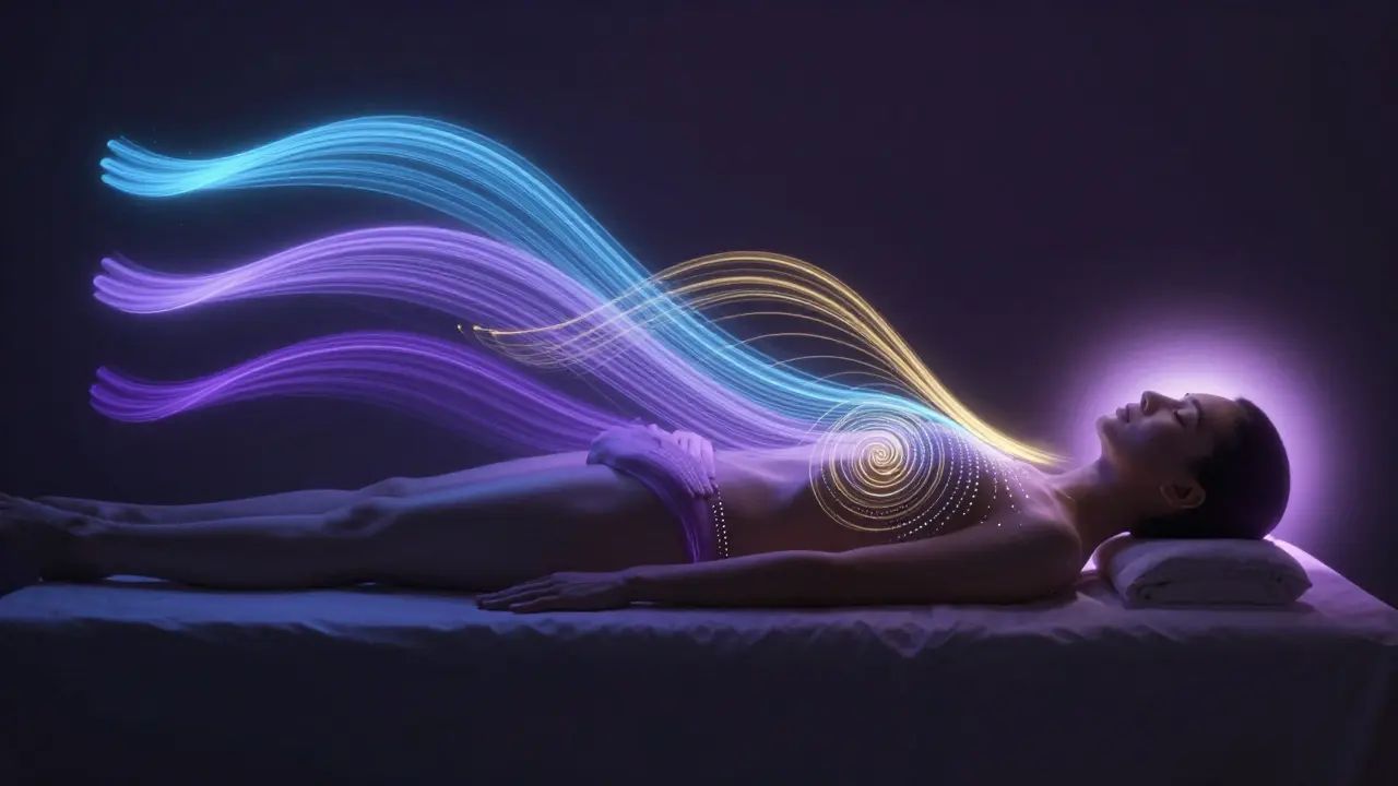 Abstraktní reprezentace pěti fází klasické masáže jako světelných proudů nad tělem.