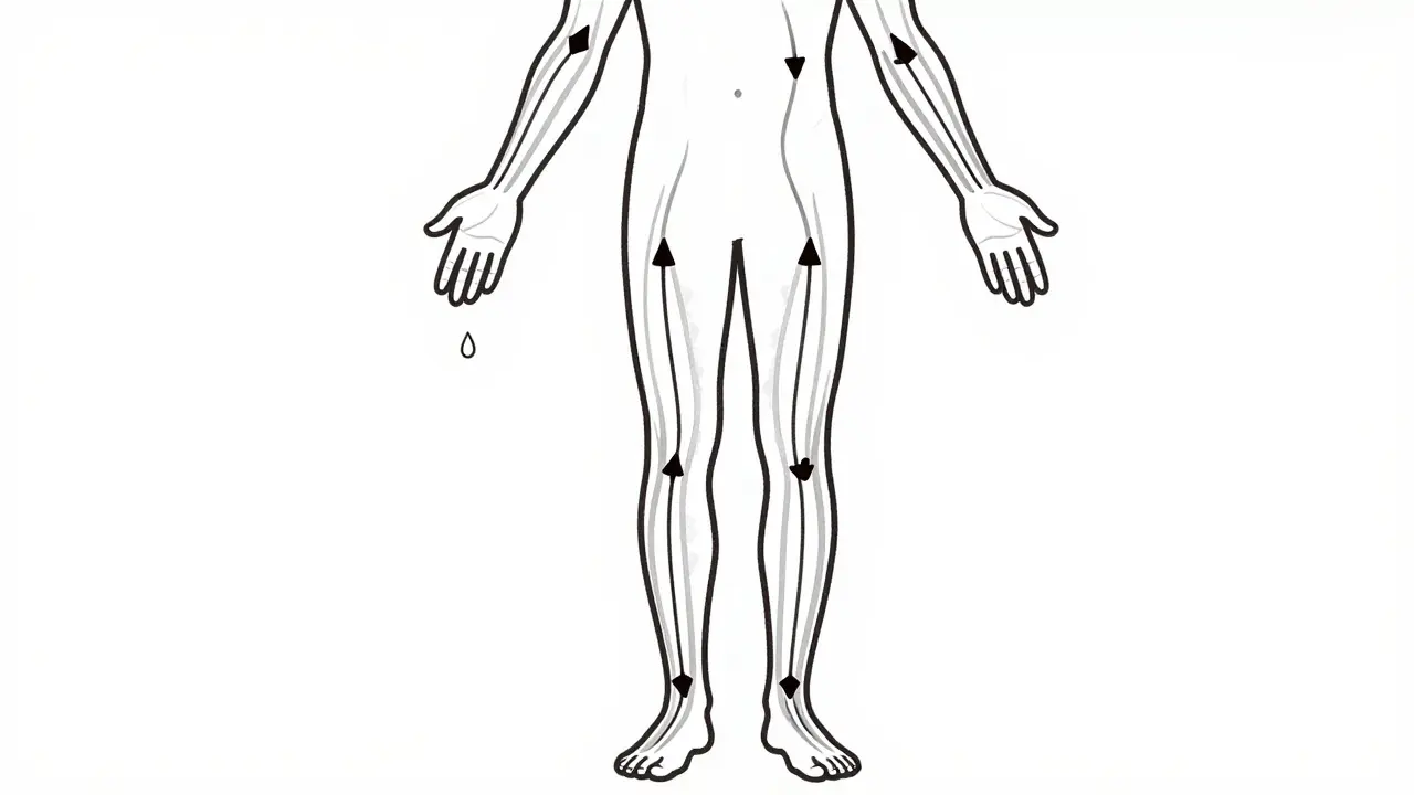 Minimální černobílý náčrt s orientačními šipkami ukazujícími přirozený směr odtoku lymfy.