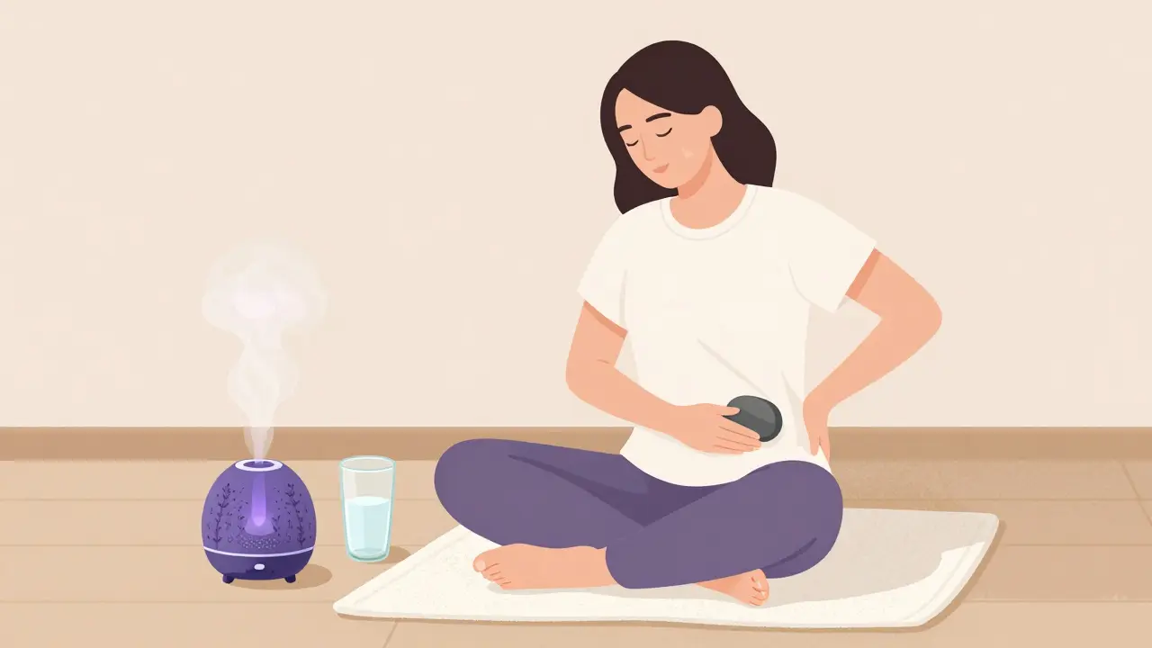 Osoba doma s teplým kamenem a vodou, dýchá hluboce ve zvýšeném klidu.
