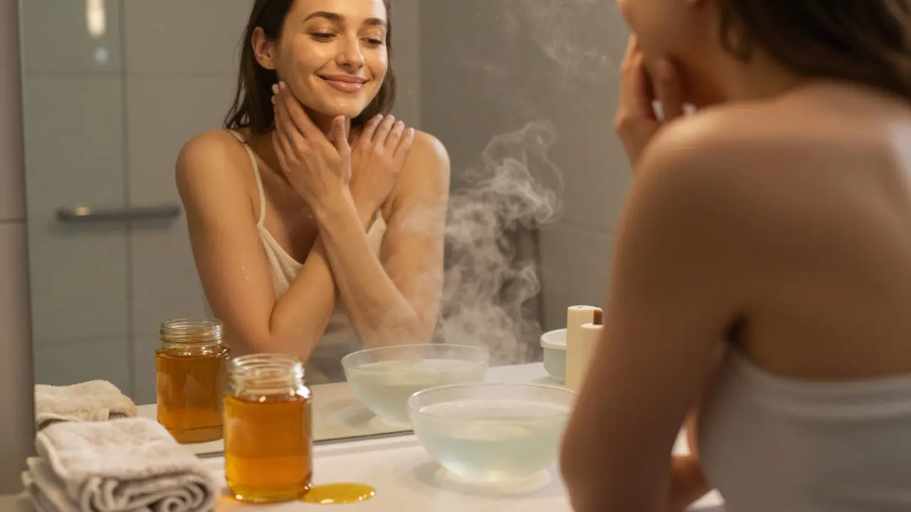 Osoba se dívá do zrcadla a překvapeně dotýká své zářící kůže po medové masáži.