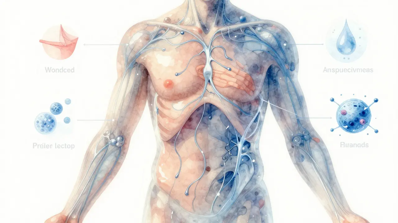 Průhledný náčrt lidského těla s plynulým tokem lymfy směrem k tělu, symbolizující čištění a obnovu.