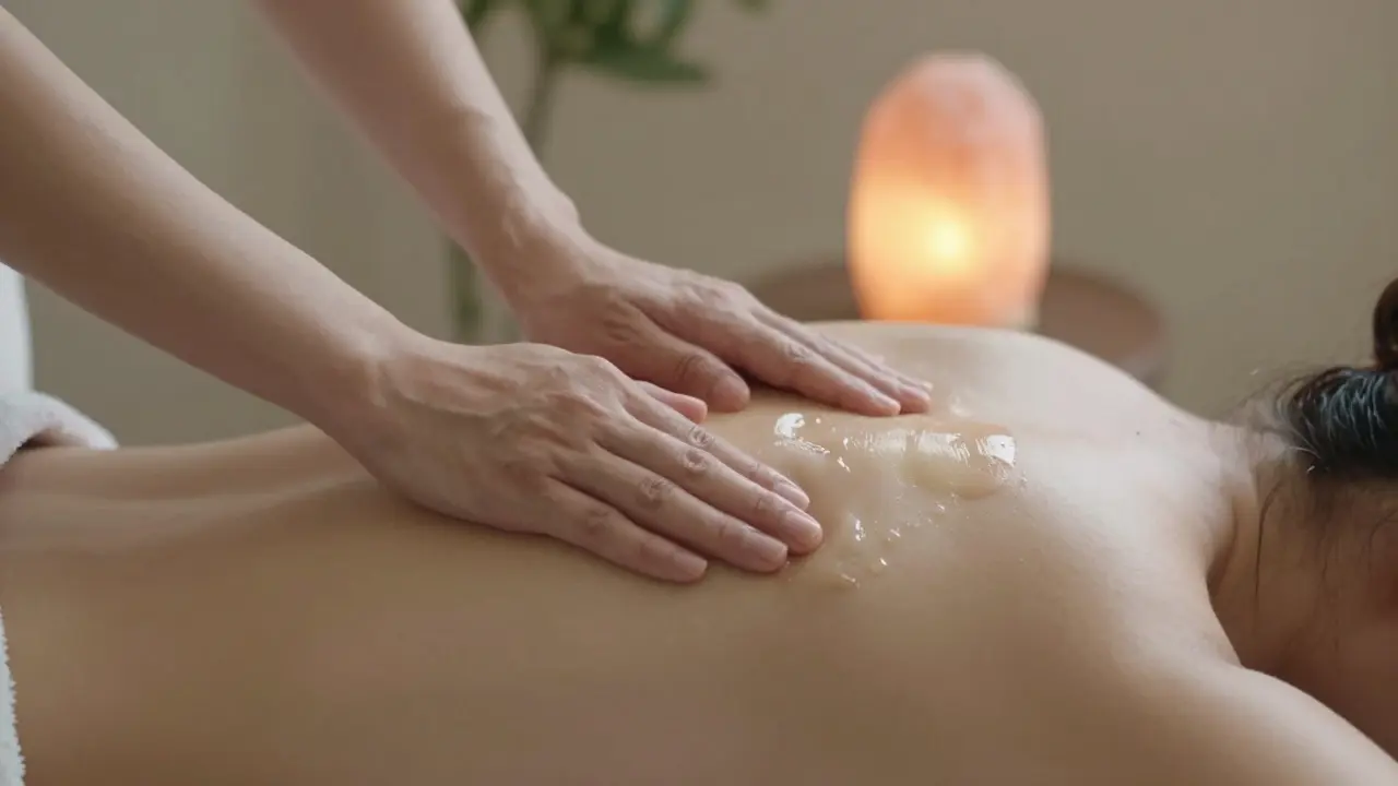 Ruce masírující lopatky a ramena s olejem, v teplém, klidném světle.