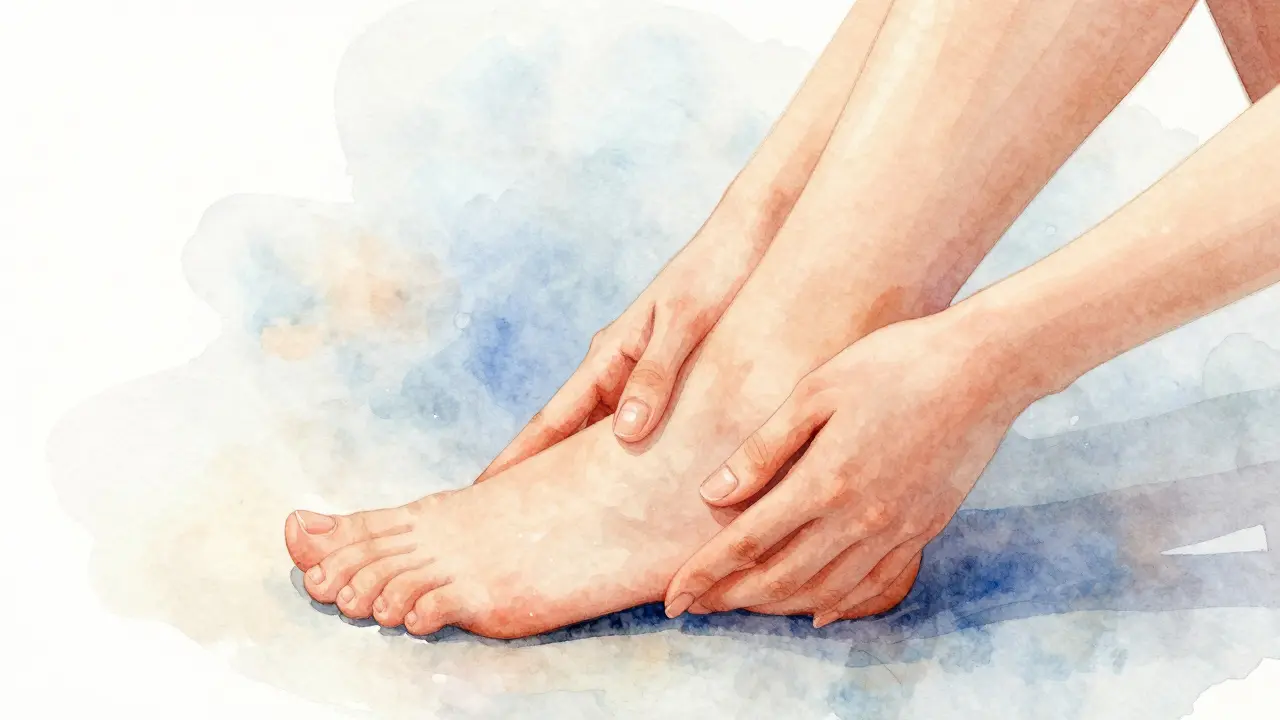 Žena masíruje nohu s očima zavřenými v klidu.